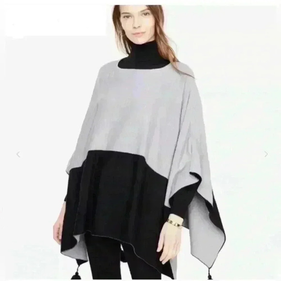 Ann Taylor Gray Black Tassel Cape Poncho Cozy Wrap One Size - Picture 1 of 8